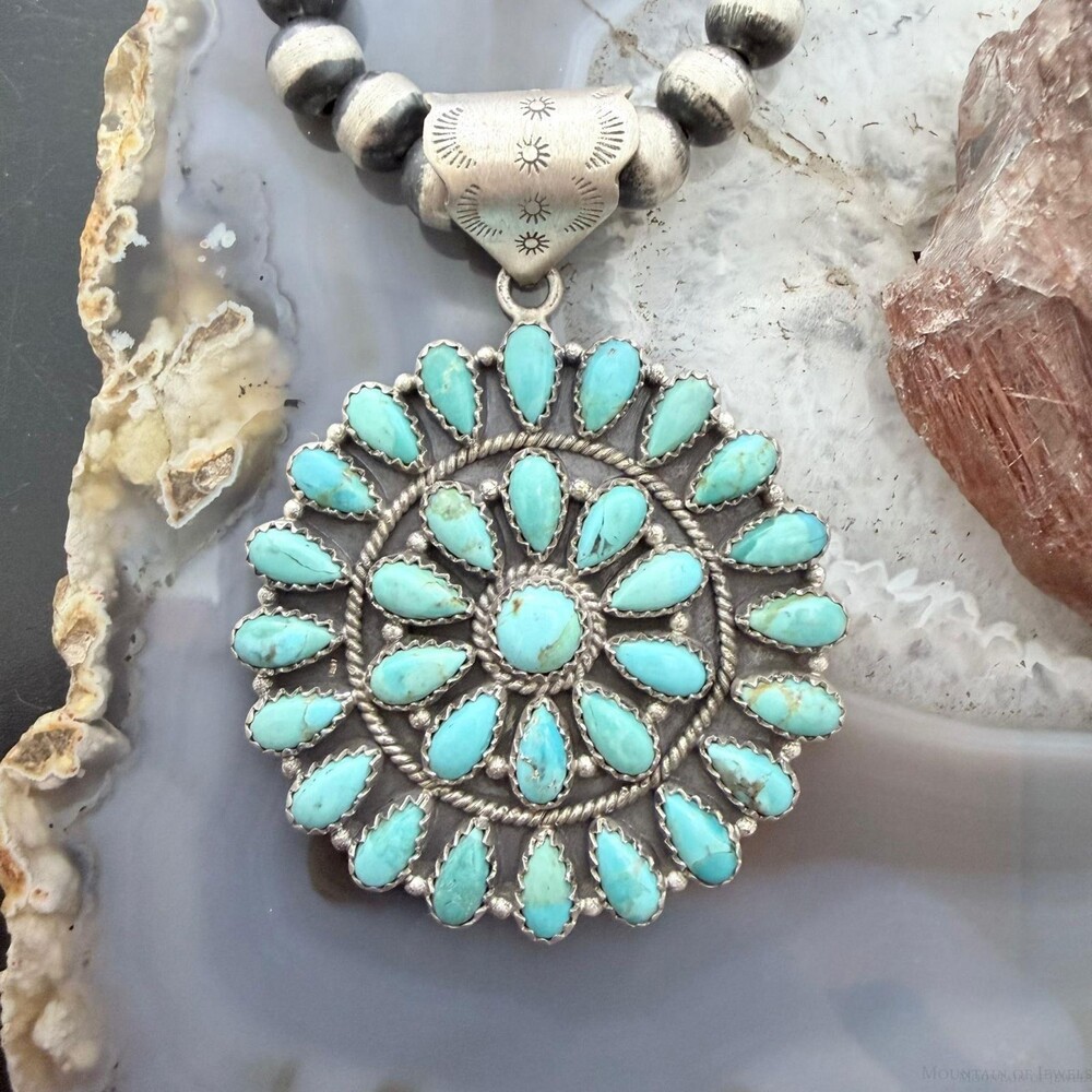 Sterling Southwestern Style Teardrop Blue Mohave Turquoise Round Cluster Pendant